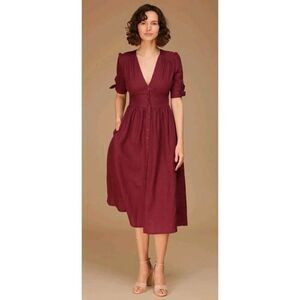 NWT Linen Handmade Studio Grace Tie Sleeve Burgundy Pocket Dress Size 12